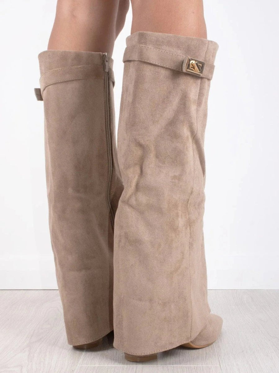 Women's Wide-Leg Folded Leather Heel Boots