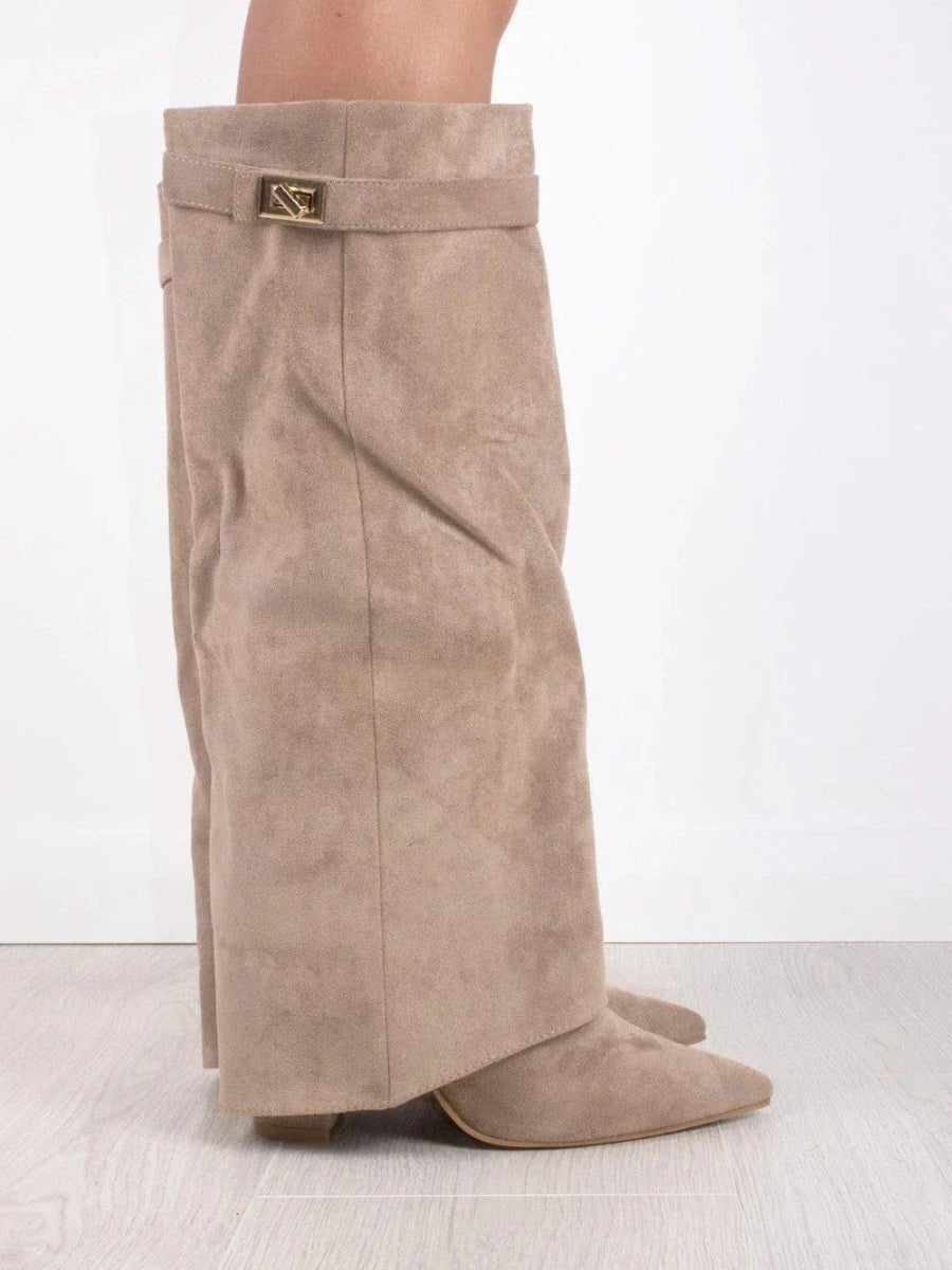 Women's Wide-Leg Folded Leather Heel Boots