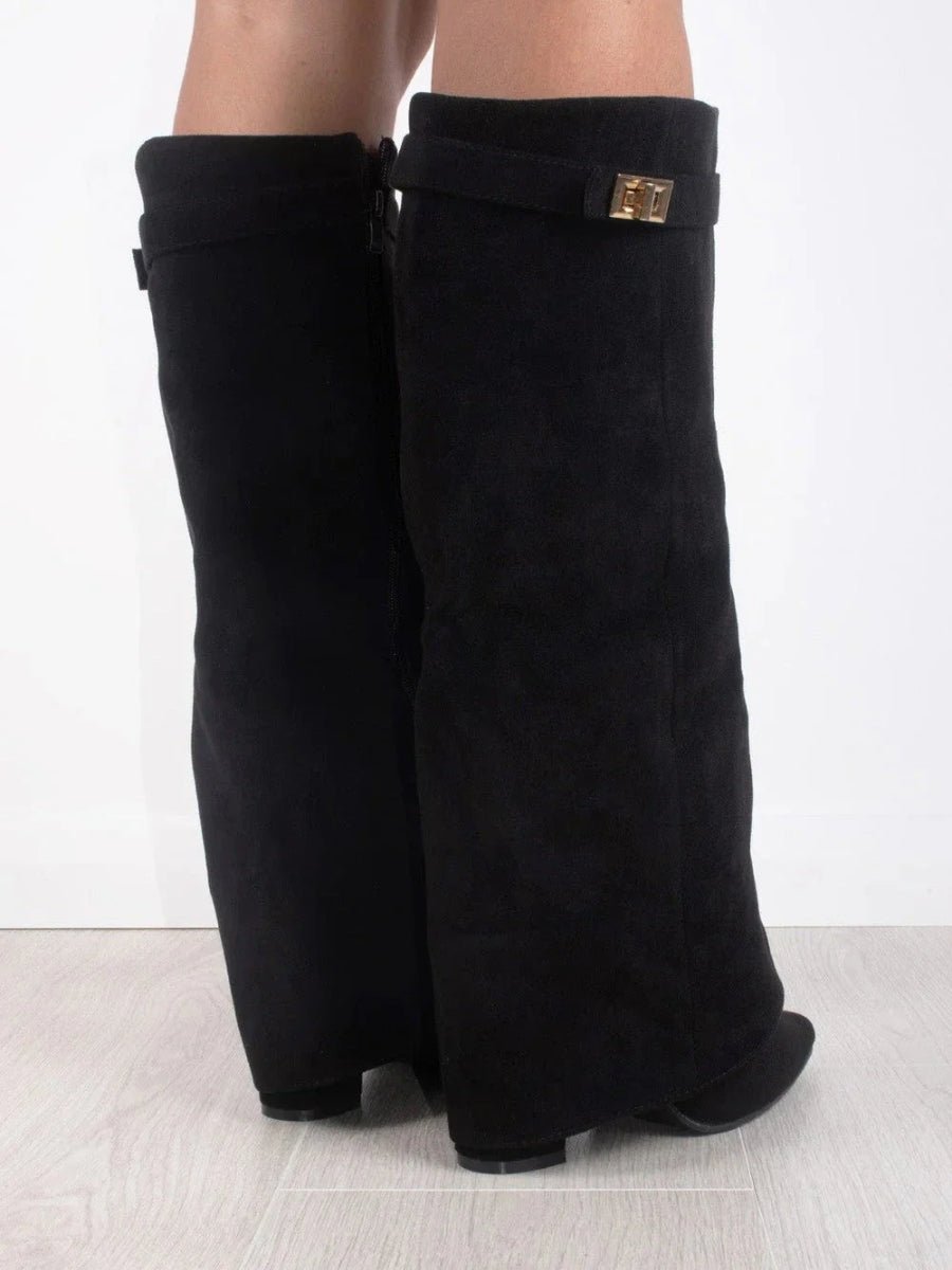 Women's Wide-Leg Folded Leather Heel Boots