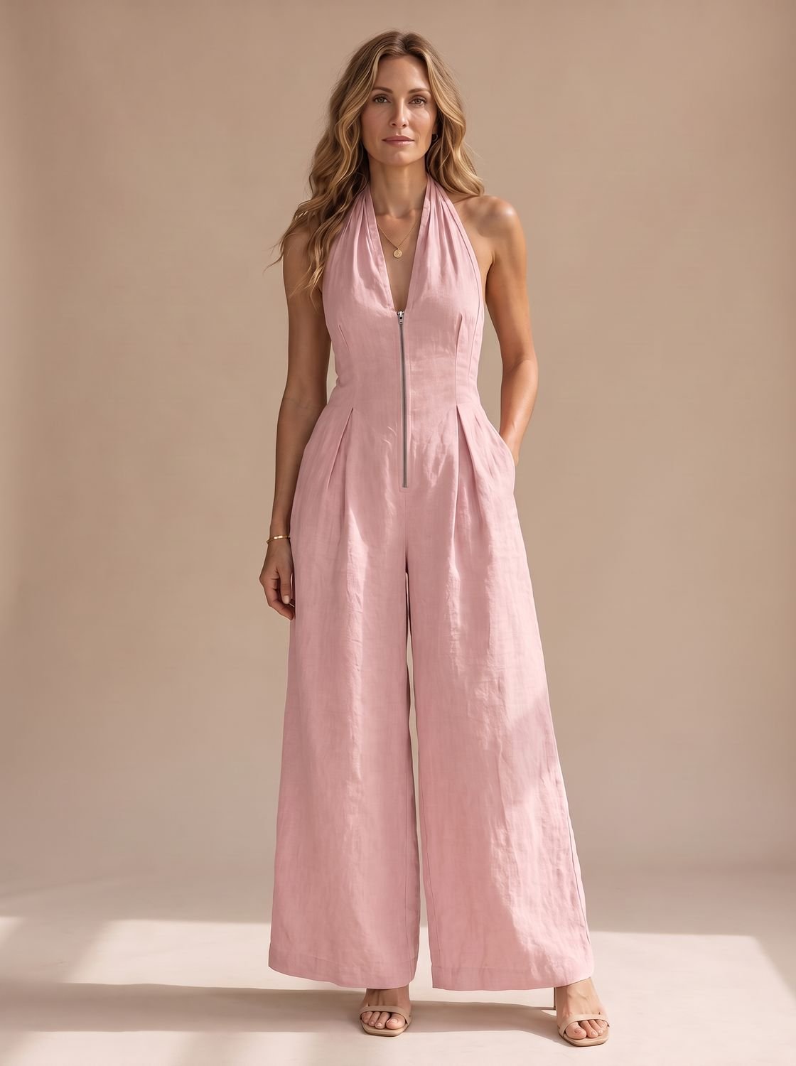 Women's Wide-Leg Halter Jumpsuit Deep V-Neck Front Zip