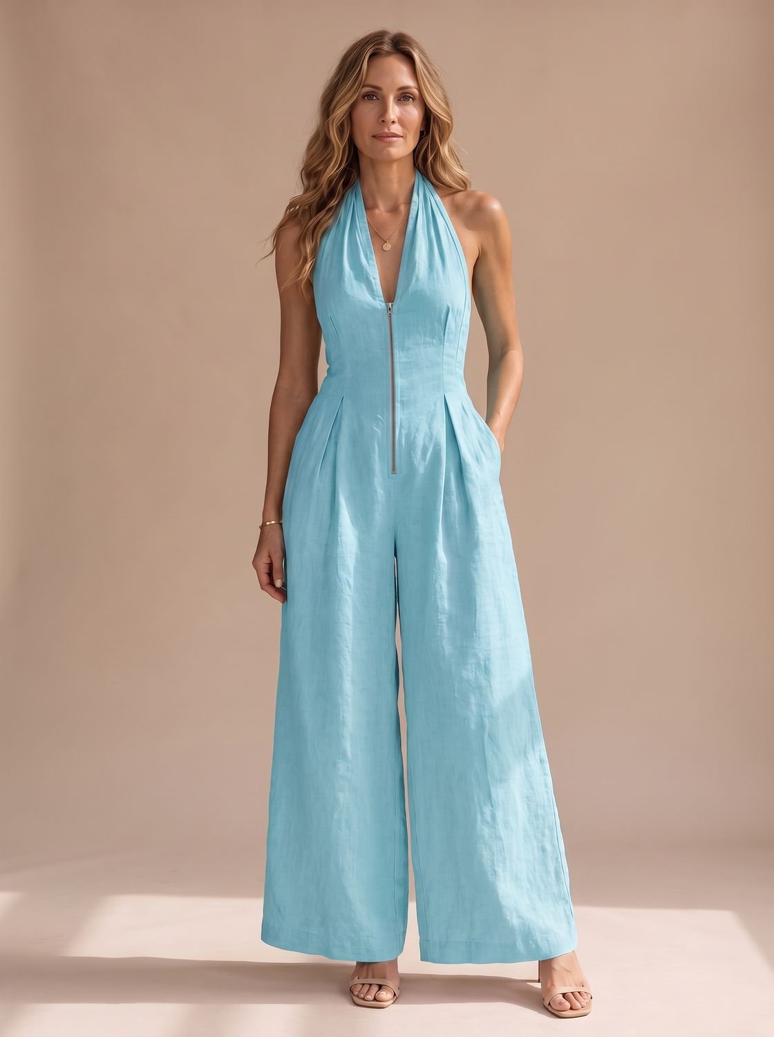 Women's Wide-Leg Halter Jumpsuit Deep V-Neck Front Zip - Tiffany Blue