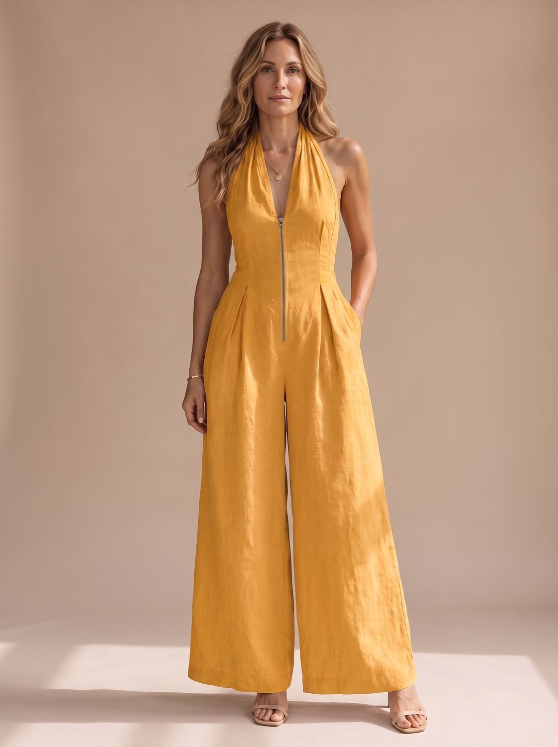 Women's Wide-Leg Halter Jumpsuit Deep V-Neck Front Zip - Ginger Yellow