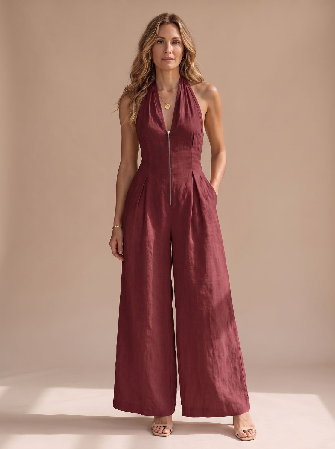 Women's Wide-Leg Halter Jumpsuit Deep V-Neck Front Zip - Wine Red