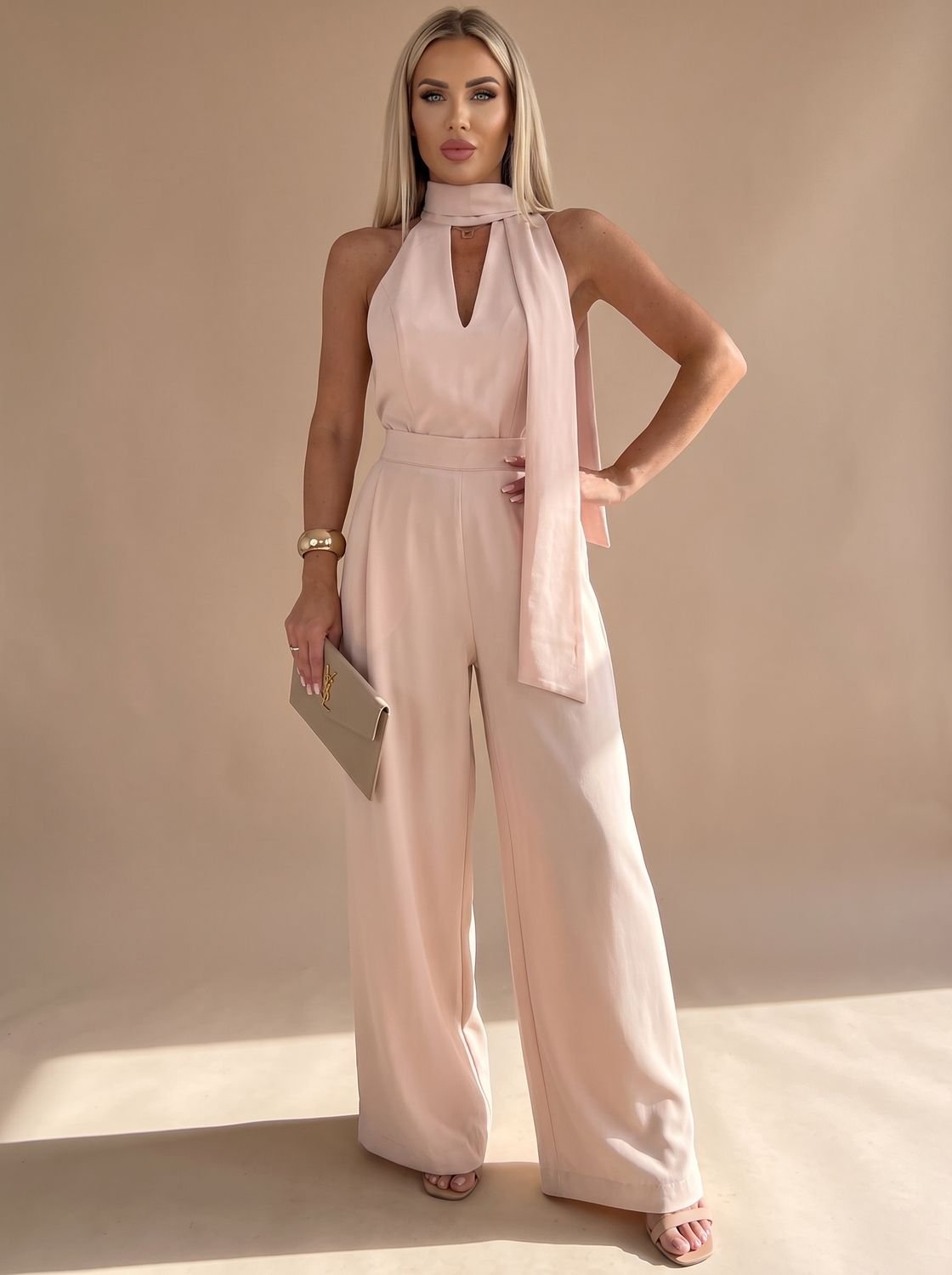 Women's Wide-Leg Halter Neck Tie Pocketed Jumpsuit - Apricot