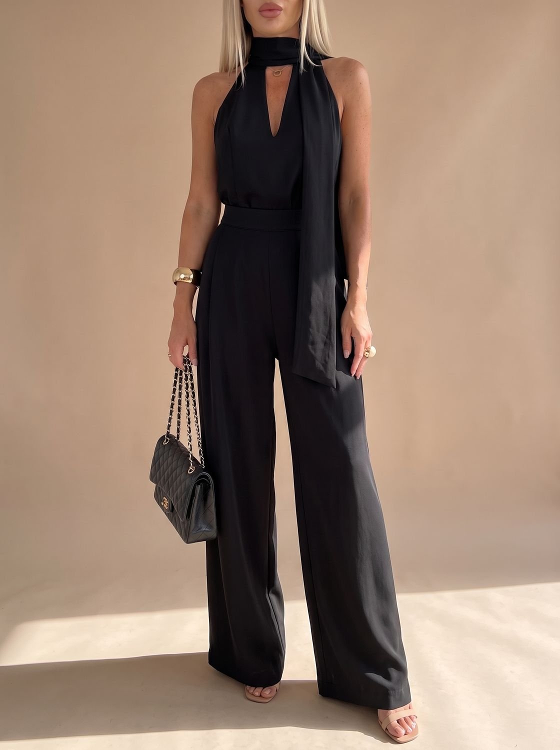 Women's Wide-Leg Halter Neck Tie Pocketed Jumpsuit - Black