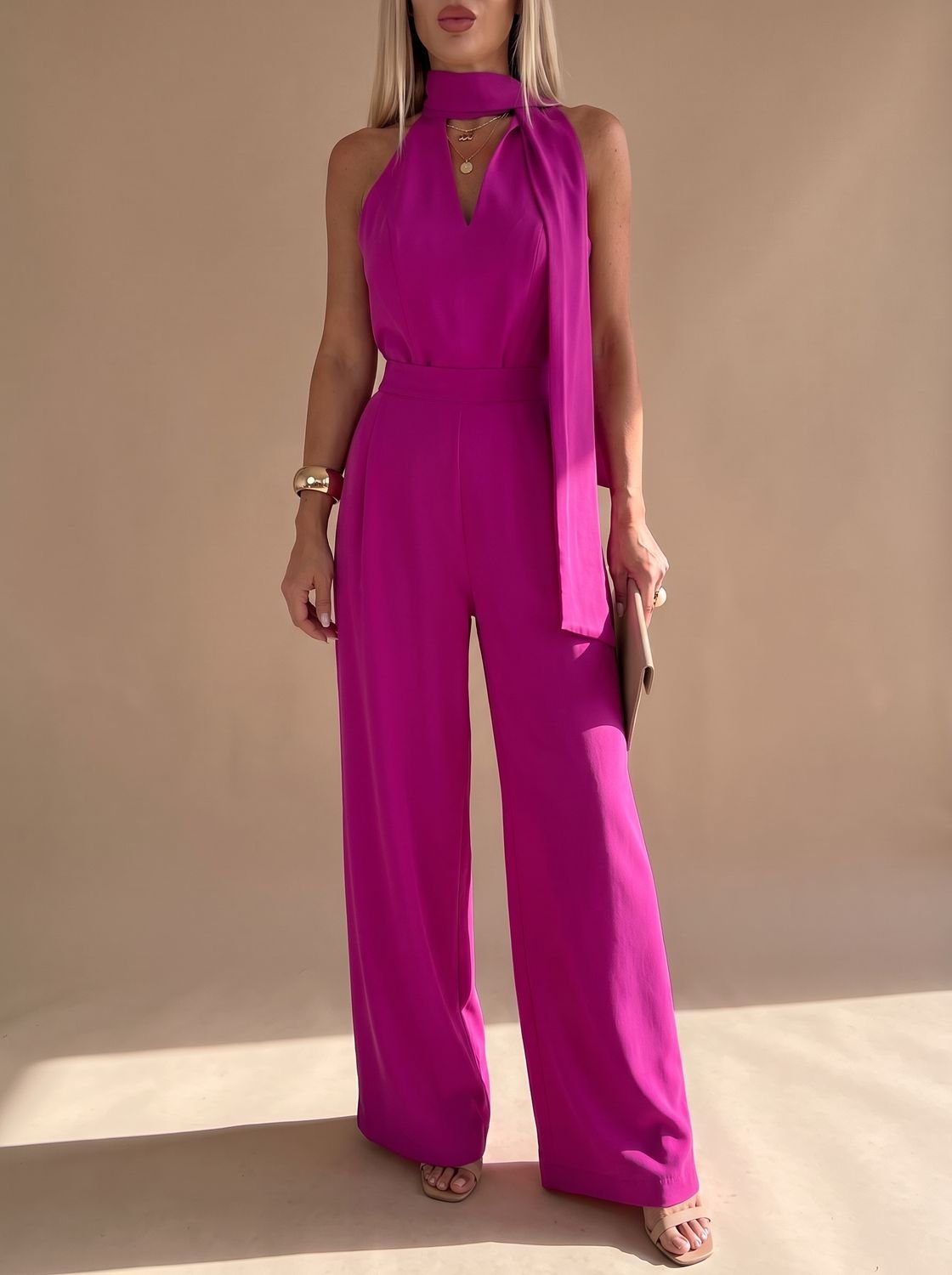Women's Wide-Leg Halter Neck Tie Pocketed Jumpsuit - Mauve
