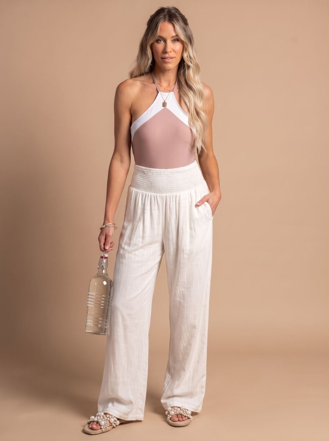 Women's Wide-Leg Linen Trousers Smocked High-Waist Pants - White