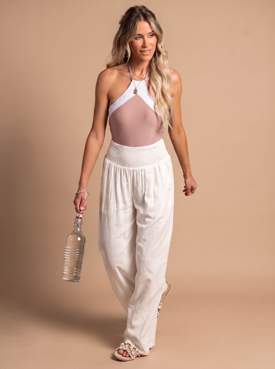 Women's Wide-Leg Linen Trousers Smocked High-Waist Pants