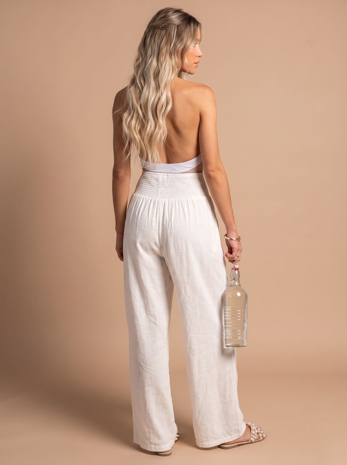 Women's Wide-Leg Linen Trousers Smocked High-Waist Pants