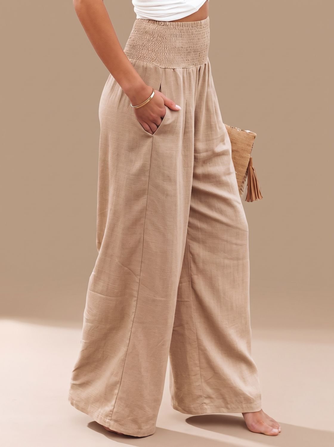 Women's Wide-Leg Linen Trousers Smocked High-Waist Pants