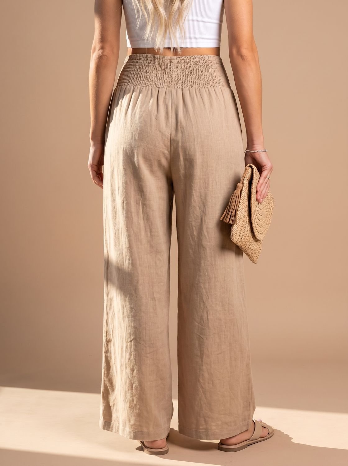 Women's Wide-Leg Linen Trousers Smocked High-Waist Pants