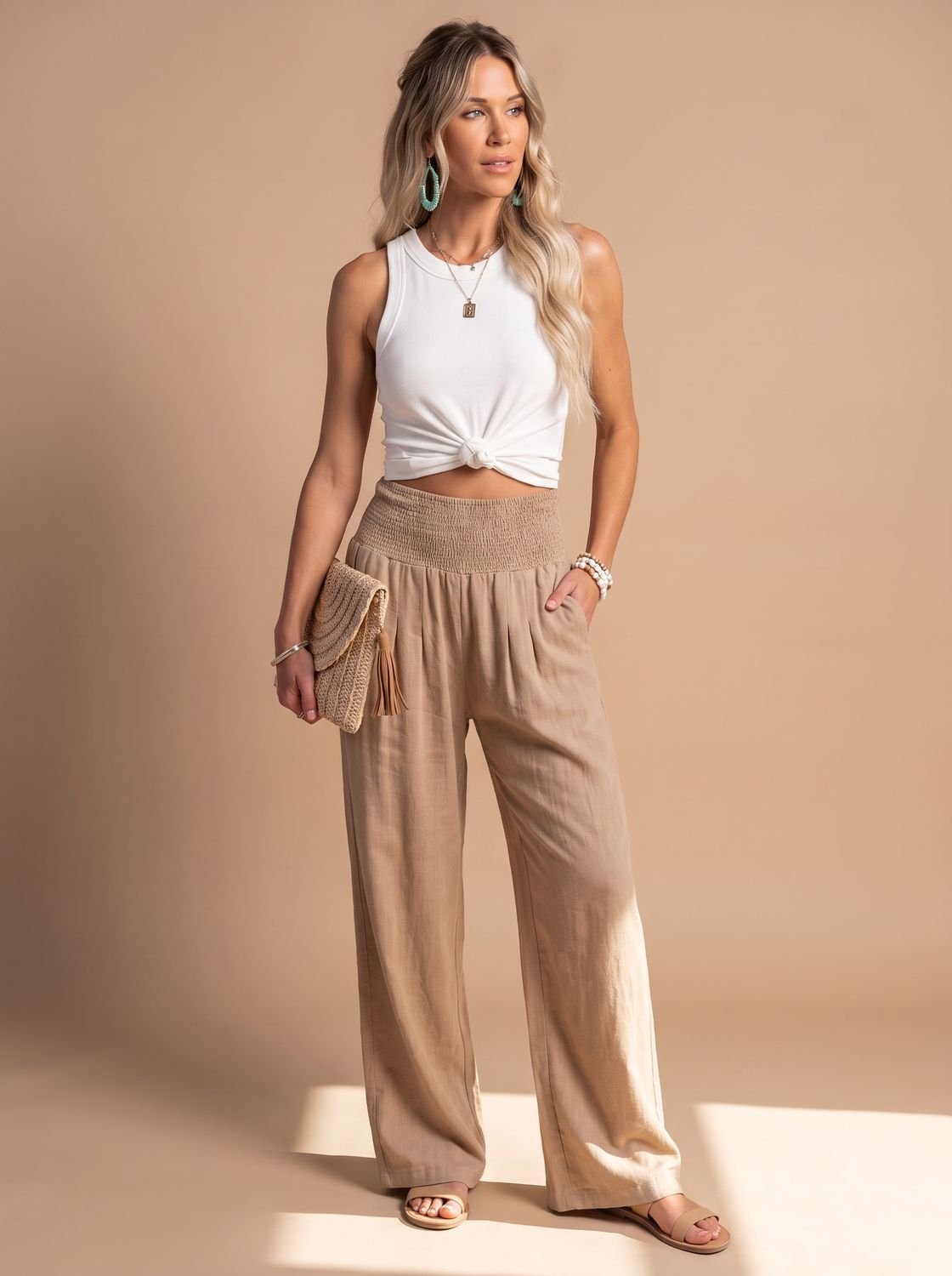 Women's Wide-Leg Linen Trousers Smocked High-Waist Pants