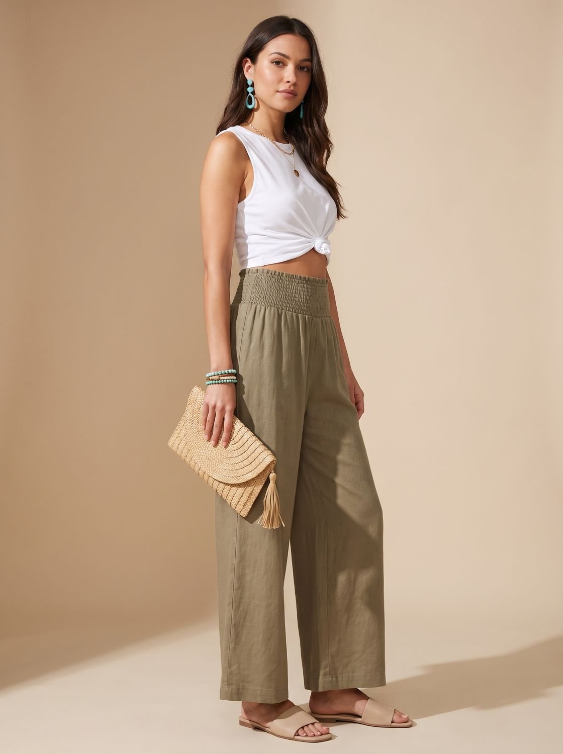 Women's Wide-Leg Linen Trousers Smocked High-Waist Pants