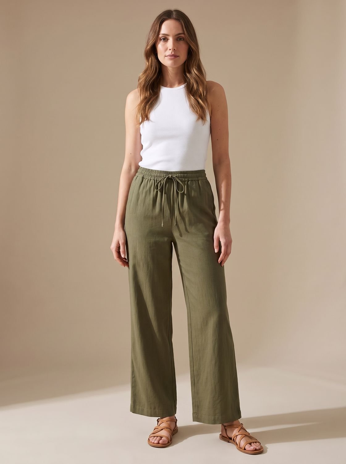 Women's Wide-Leg Palazzo Drawstring Waist Trousers Pockets - Olive Green