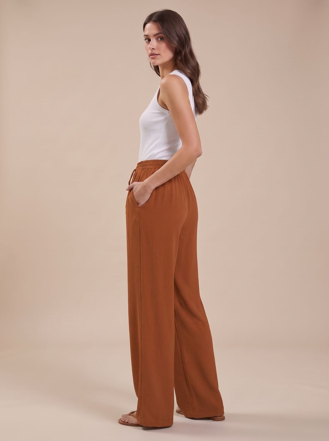 Women's Wide-Leg Palazzo Drawstring Waist Trousers Pockets - Orange