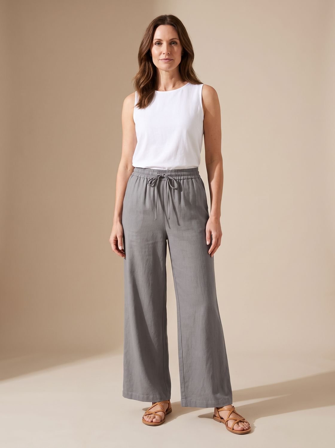 Women's Wide-Leg Palazzo Drawstring Waist Trousers Pockets - Grey