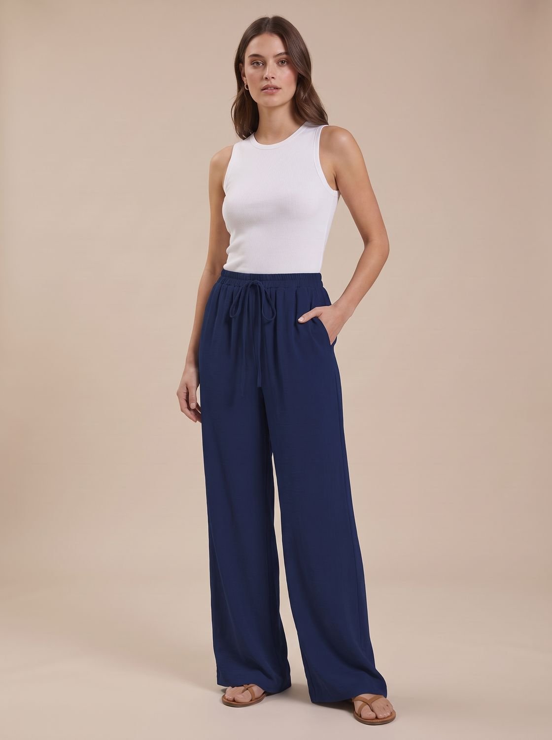Women's Wide-Leg Palazzo Drawstring Waist Trousers Pockets - Dark Blue