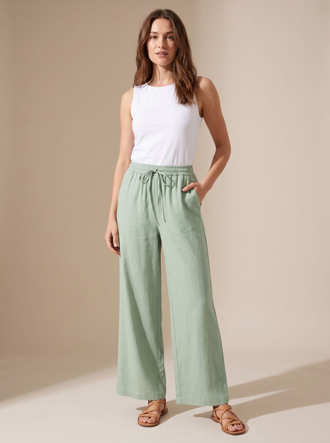 Women's Wide-Leg Palazzo Drawstring Waist Trousers Pockets - Bean Green