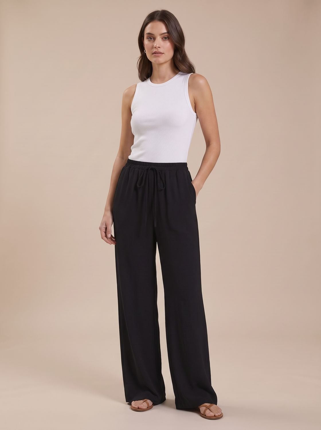 Women's Wide-Leg Palazzo Drawstring Waist Trousers Pockets - Black