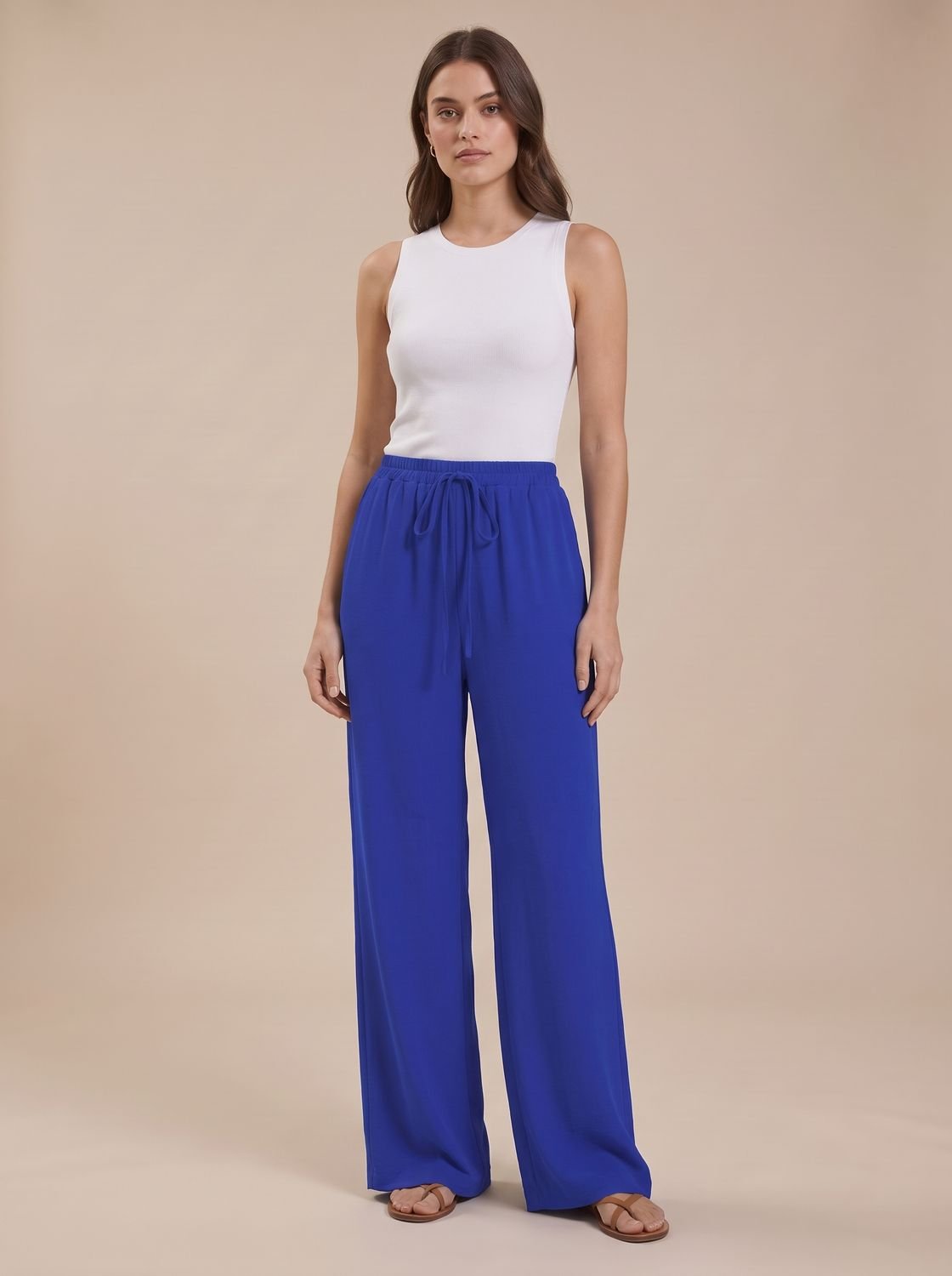 Women's Wide-Leg Palazzo Drawstring Waist Trousers Pockets - Blue