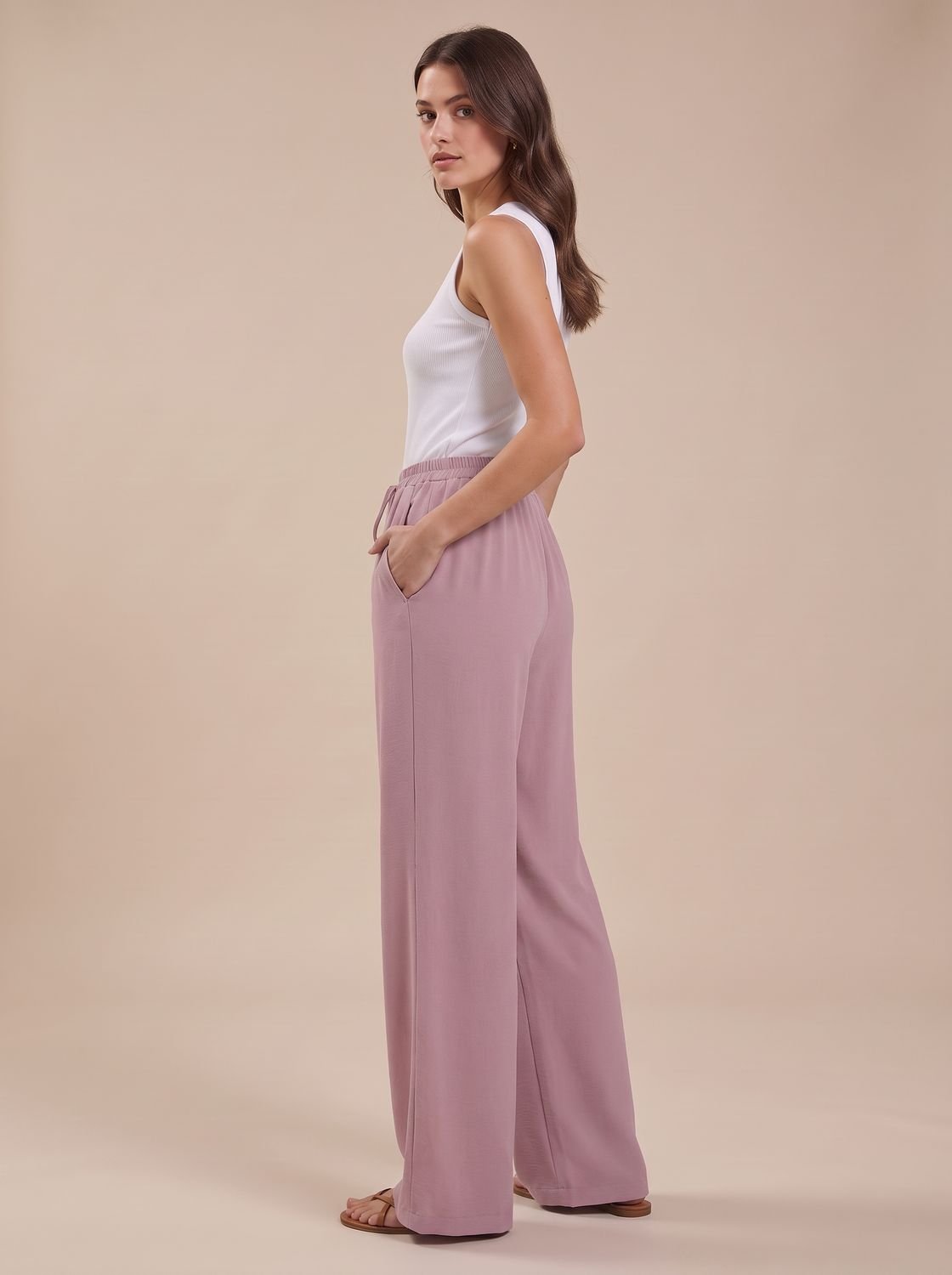 Women's Wide-Leg Palazzo Drawstring Waist Trousers Pockets - Pink