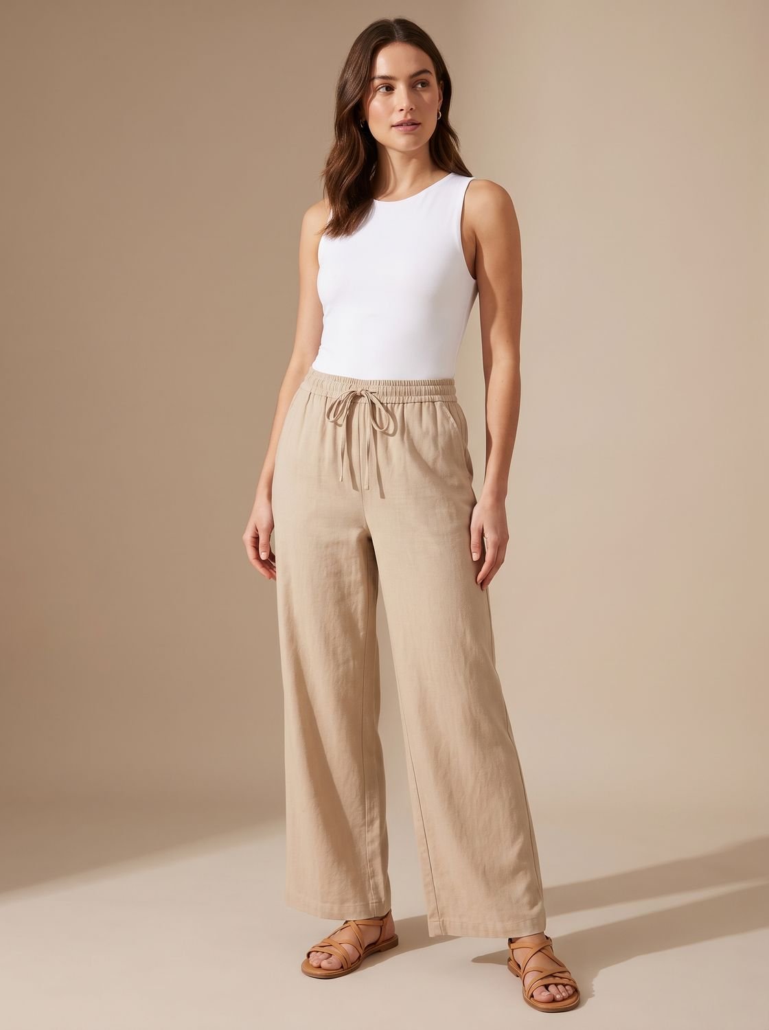 Women's Wide-Leg Palazzo Drawstring Waist Trousers Pockets - Beige