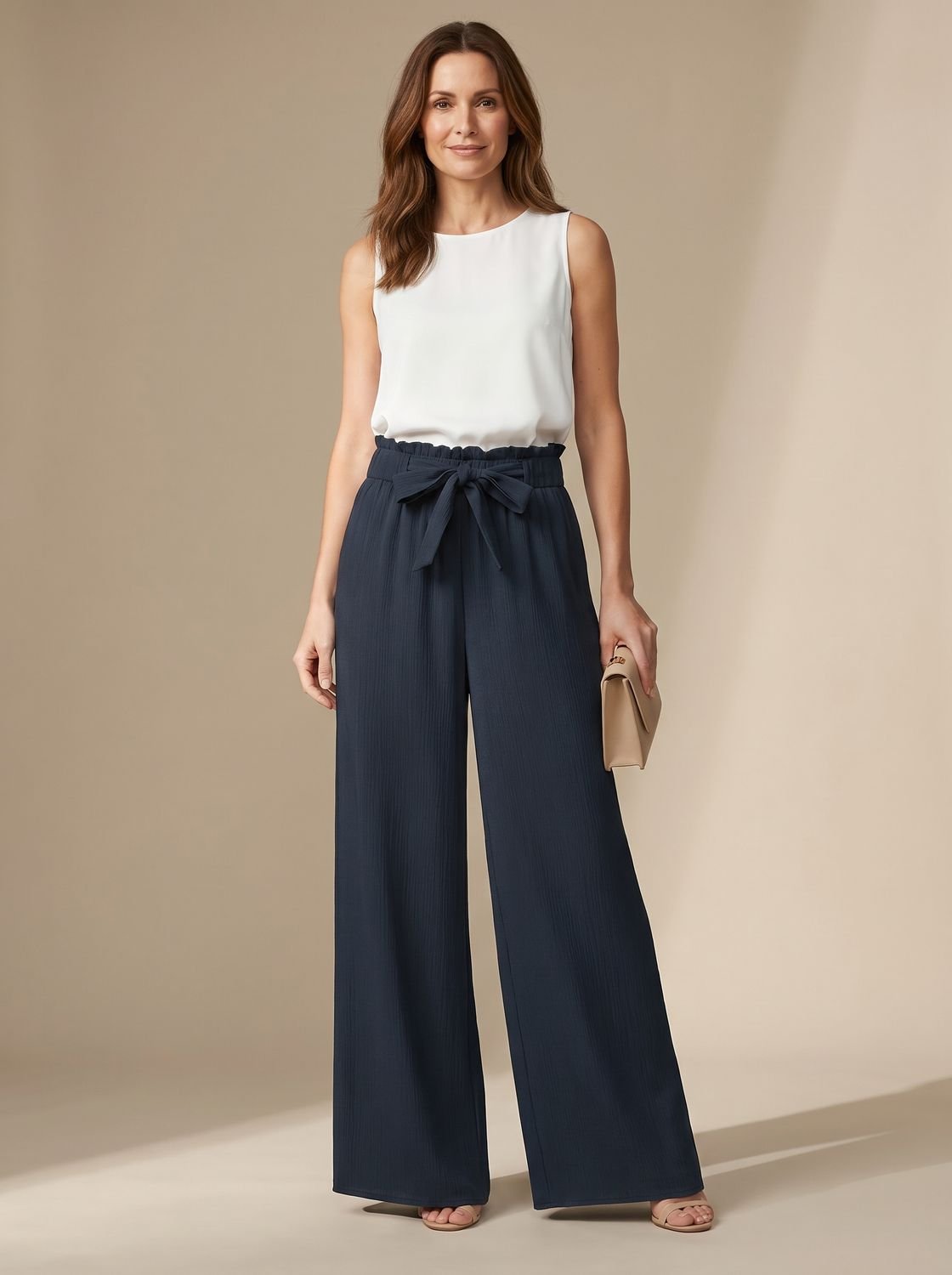 Women's Wide-Leg Palazzo Trousers Tie-Belt Paperbag Waist - Dark Blue