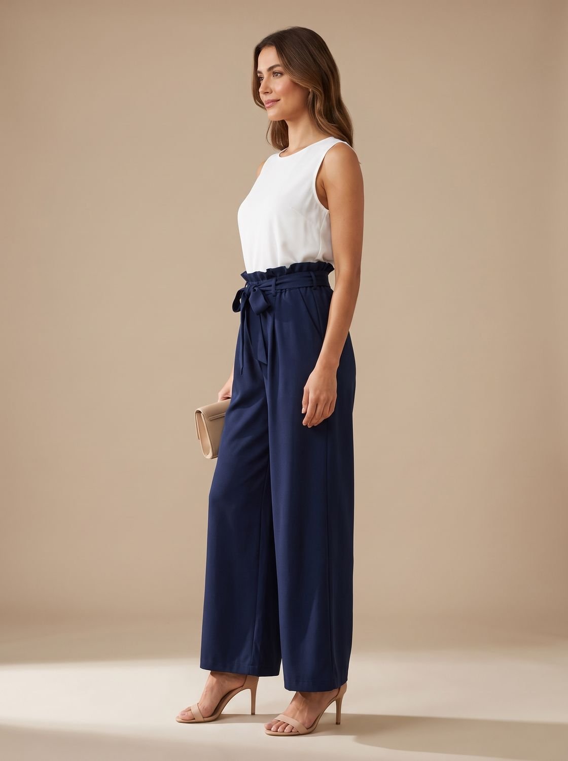 Women's Wide-Leg Palazzo Trousers Tie-Belt Paperbag Waist