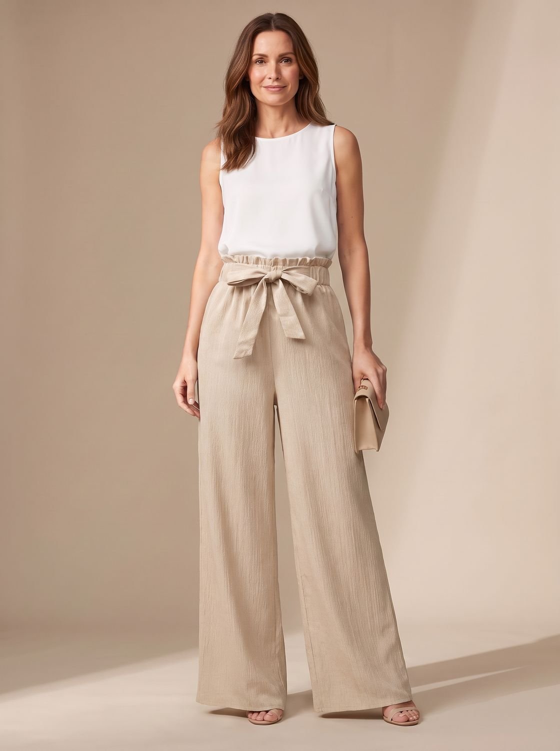 Women's Wide-Leg Palazzo Trousers Tie-Belt Paperbag Waist - Apricot