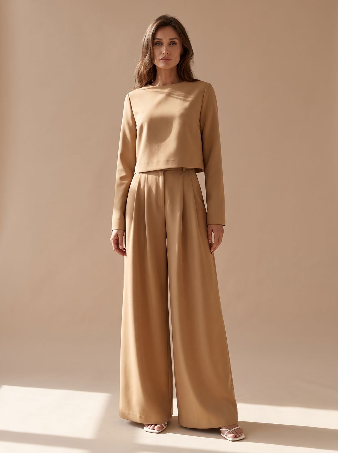 Women's Wide-Leg Palazzo Two-Piece Long-Sleeve Top Set - Brown