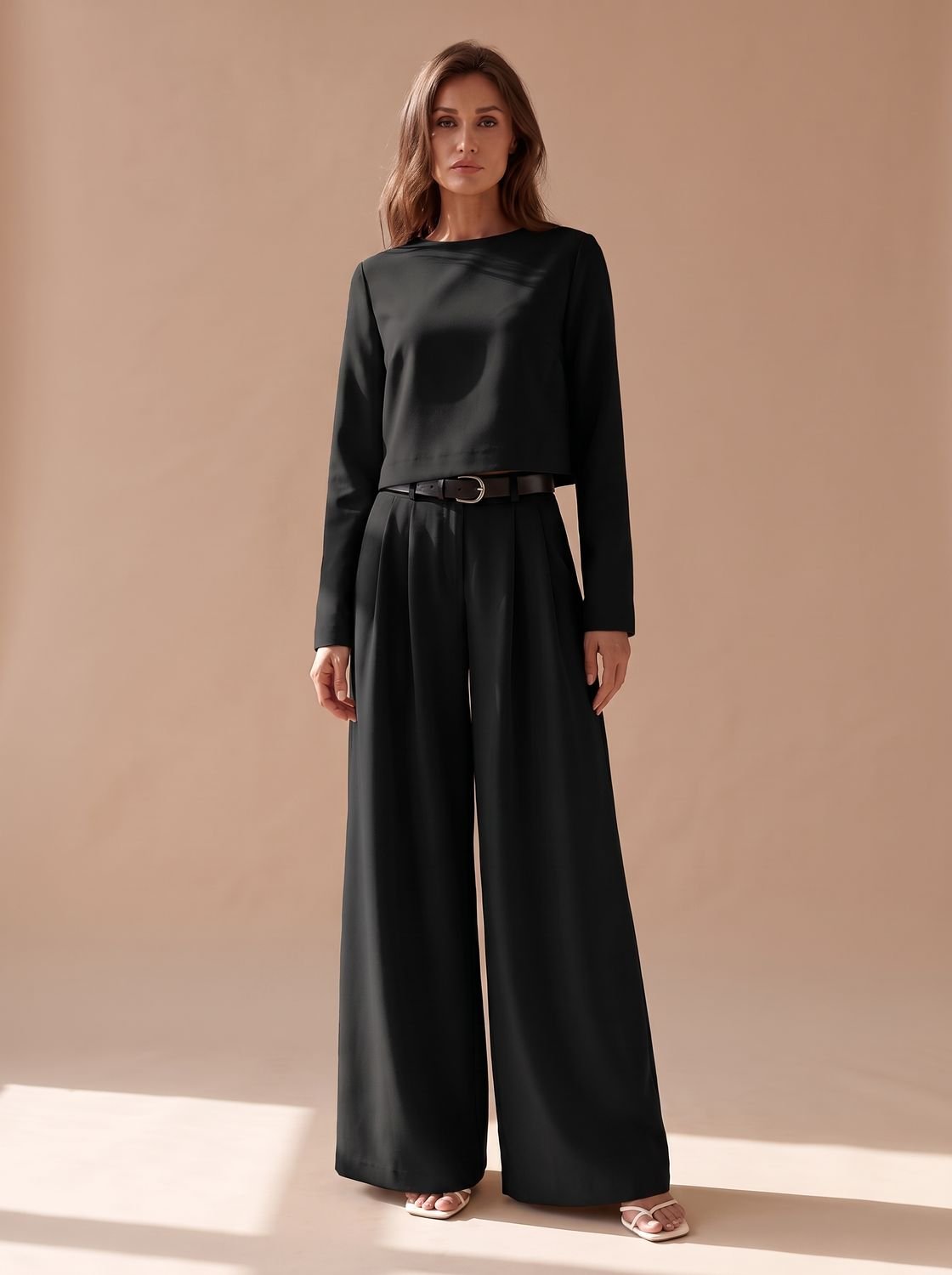 Women's Wide-Leg Palazzo Two-Piece Long-Sleeve Top Set - Black