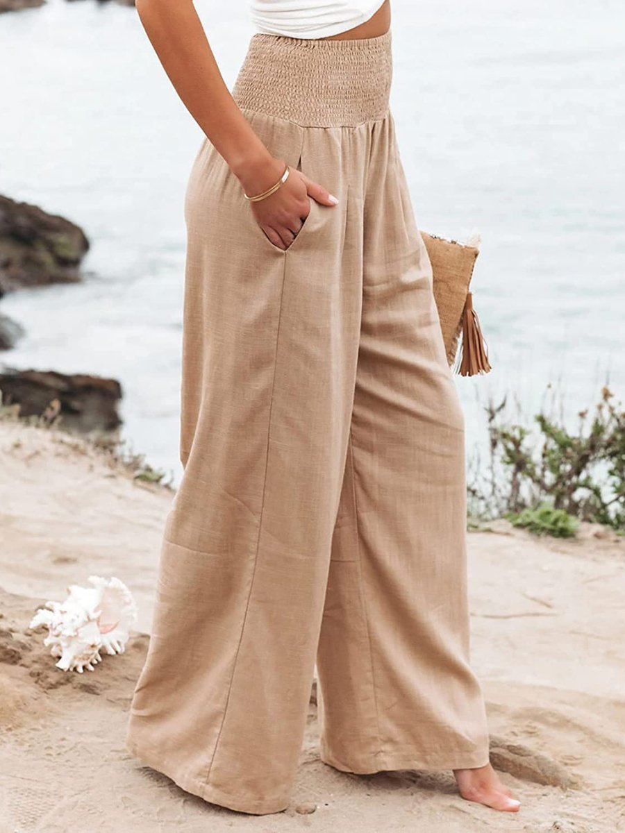 Women's Wide-Leg Smocked-Waist Linen Trousers