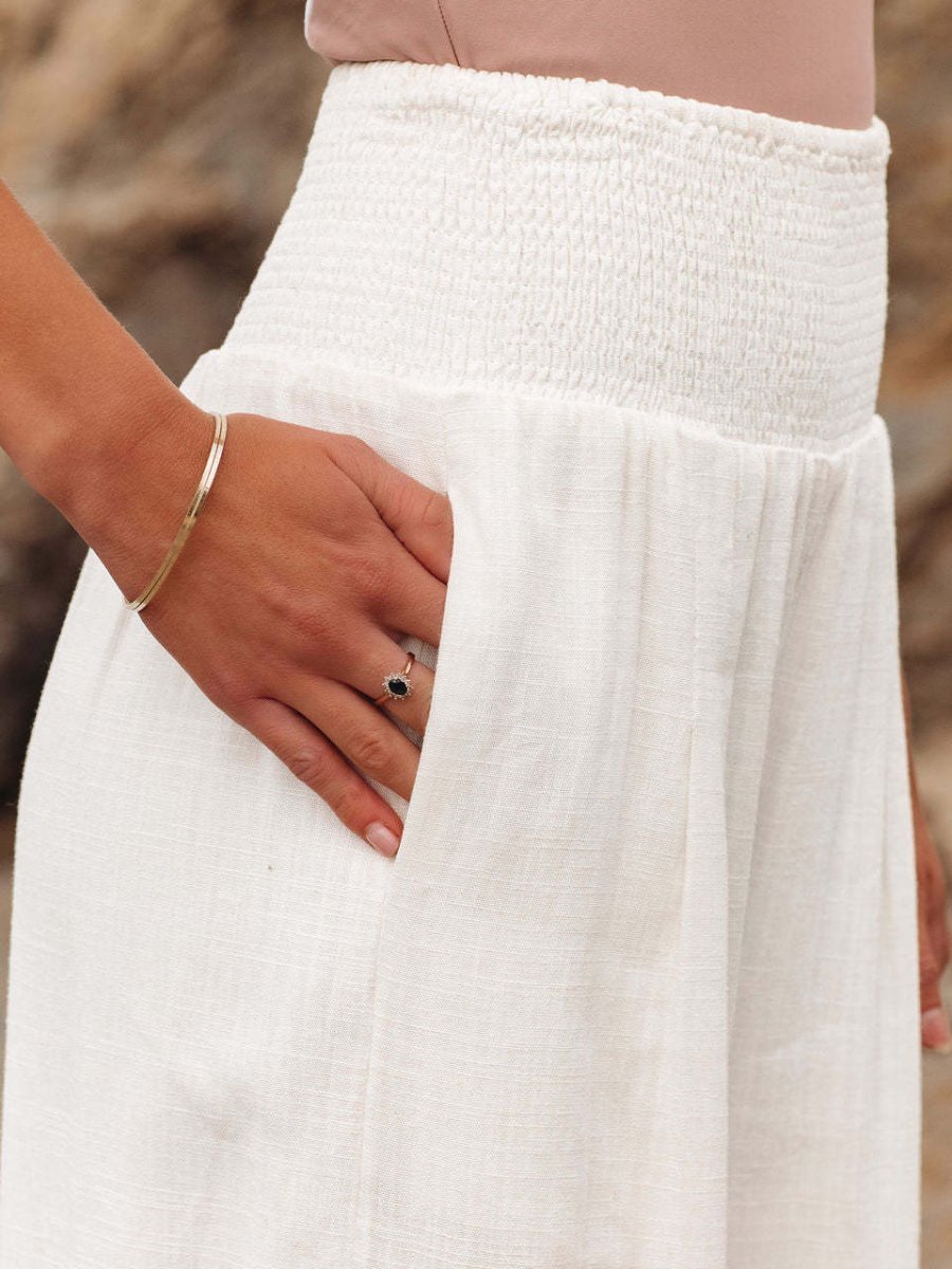 Women's Wide-Leg Smocked-Waist Linen Trousers