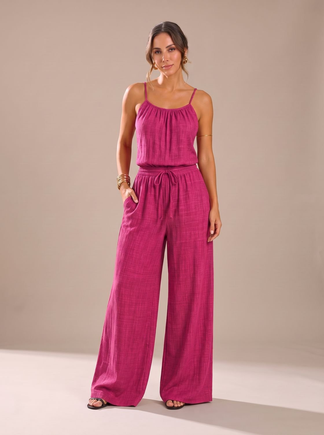 Women's Wide-Leg Spaghetti Strap Drawstring Jumpsuit - Pink