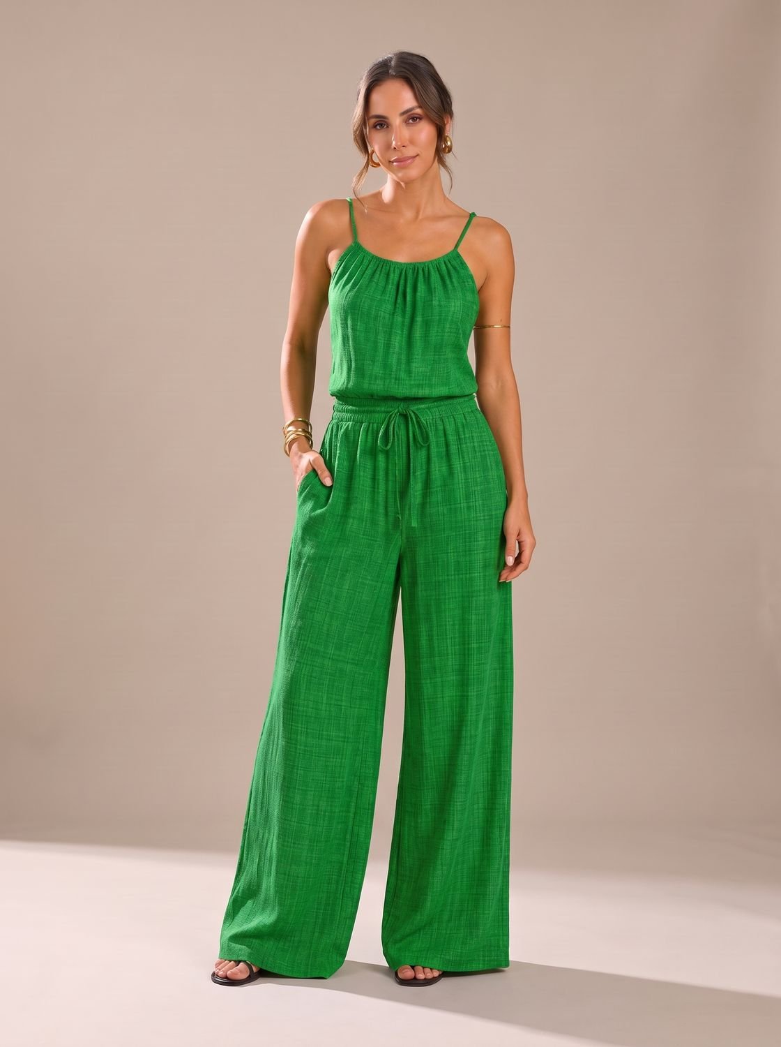 Women's Wide-Leg Spaghetti Strap Drawstring Jumpsuit - Green