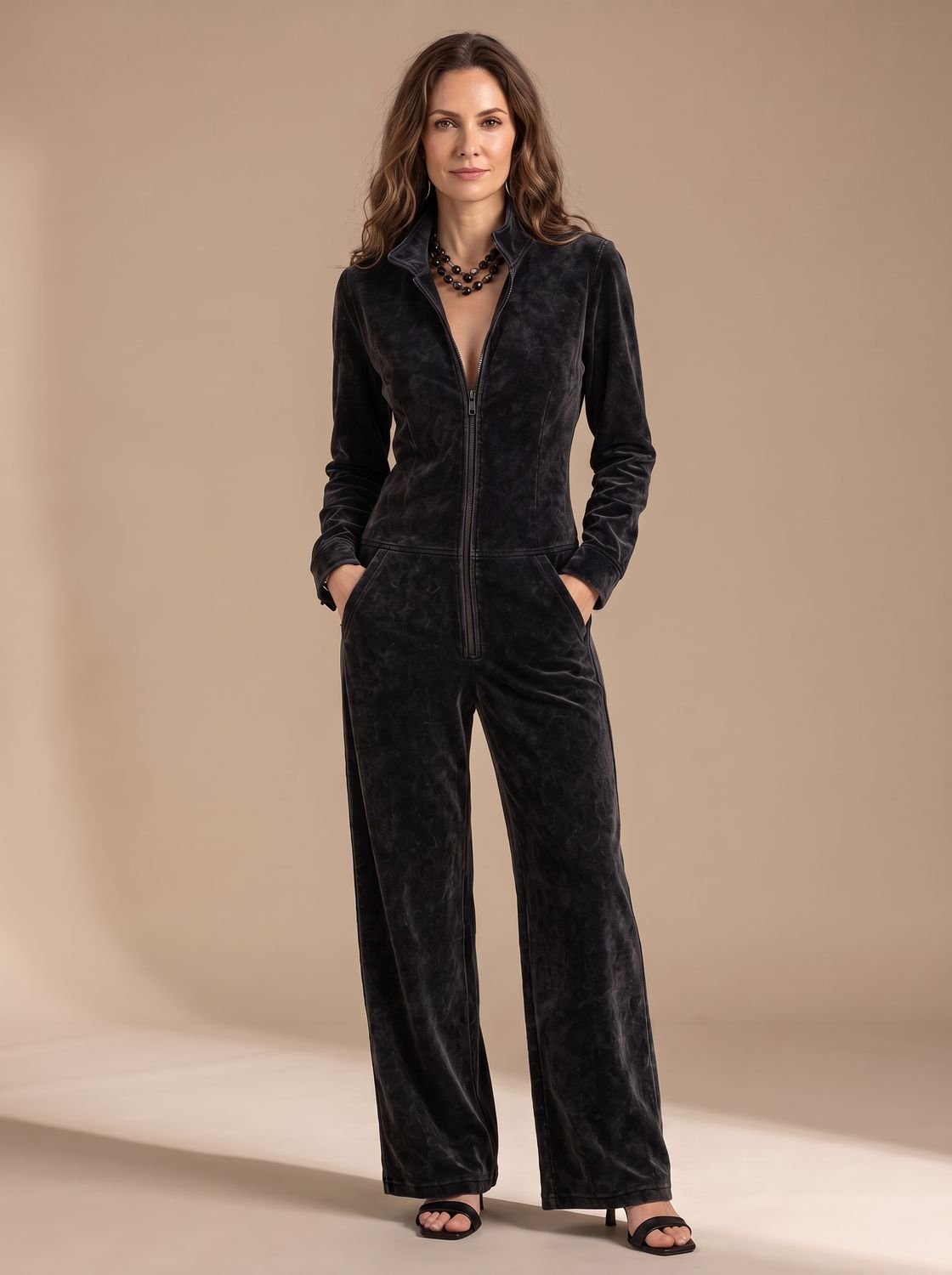 Women's Wide-Leg Velour Zip-Front Long-Sleeve Jumpsuit