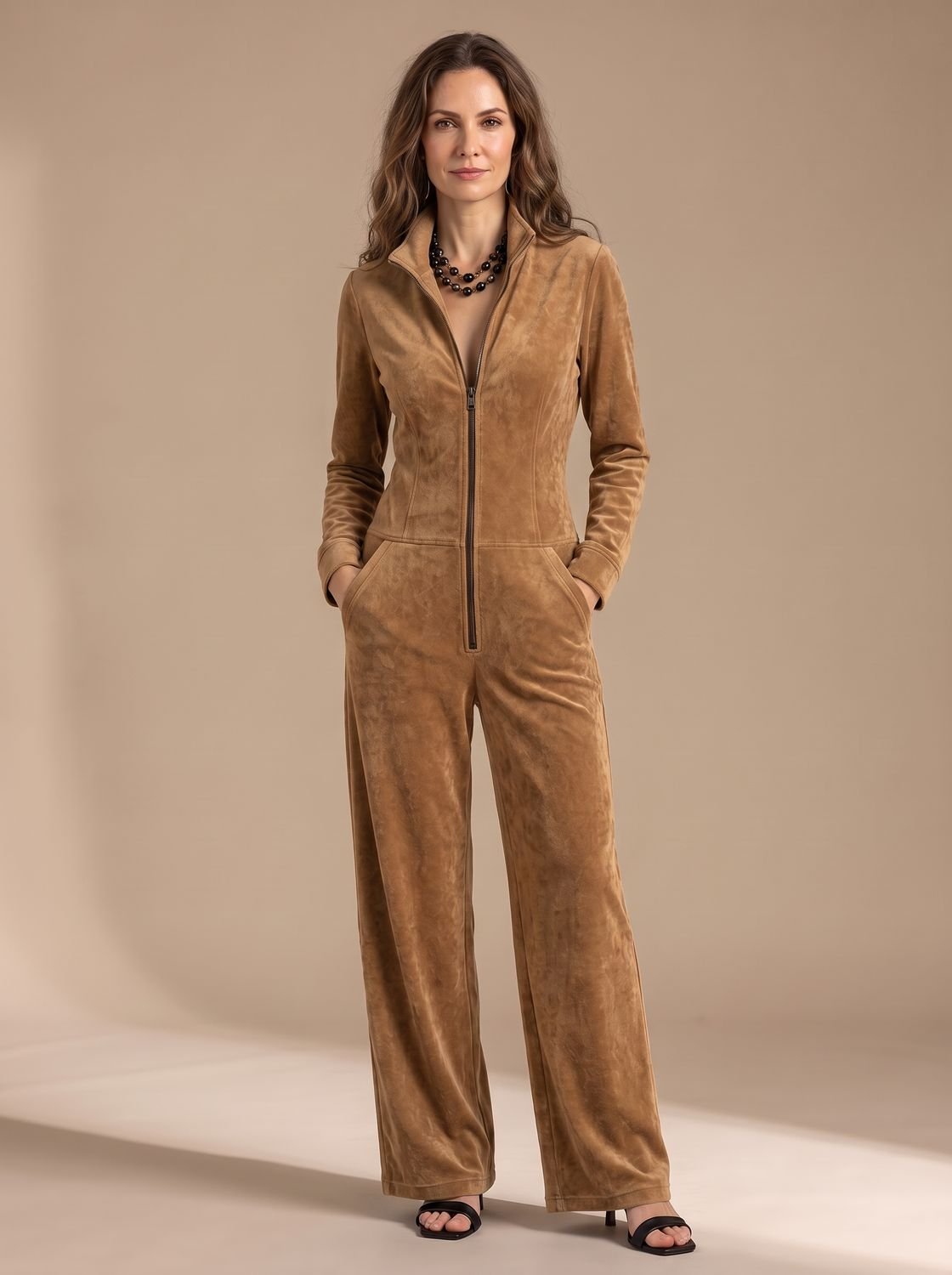 Women's Wide-Leg Velour Zip-Front Long-Sleeve Jumpsuit - Dark Brown