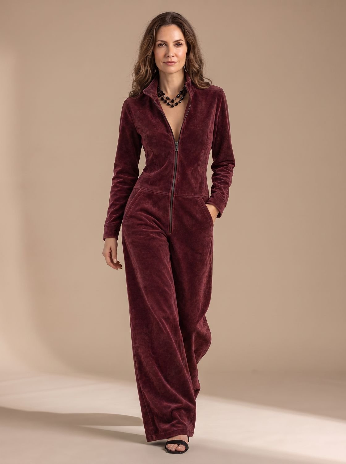 Women's Wide-Leg Velour Zip-Front Long-Sleeve Jumpsuit - Wine Red