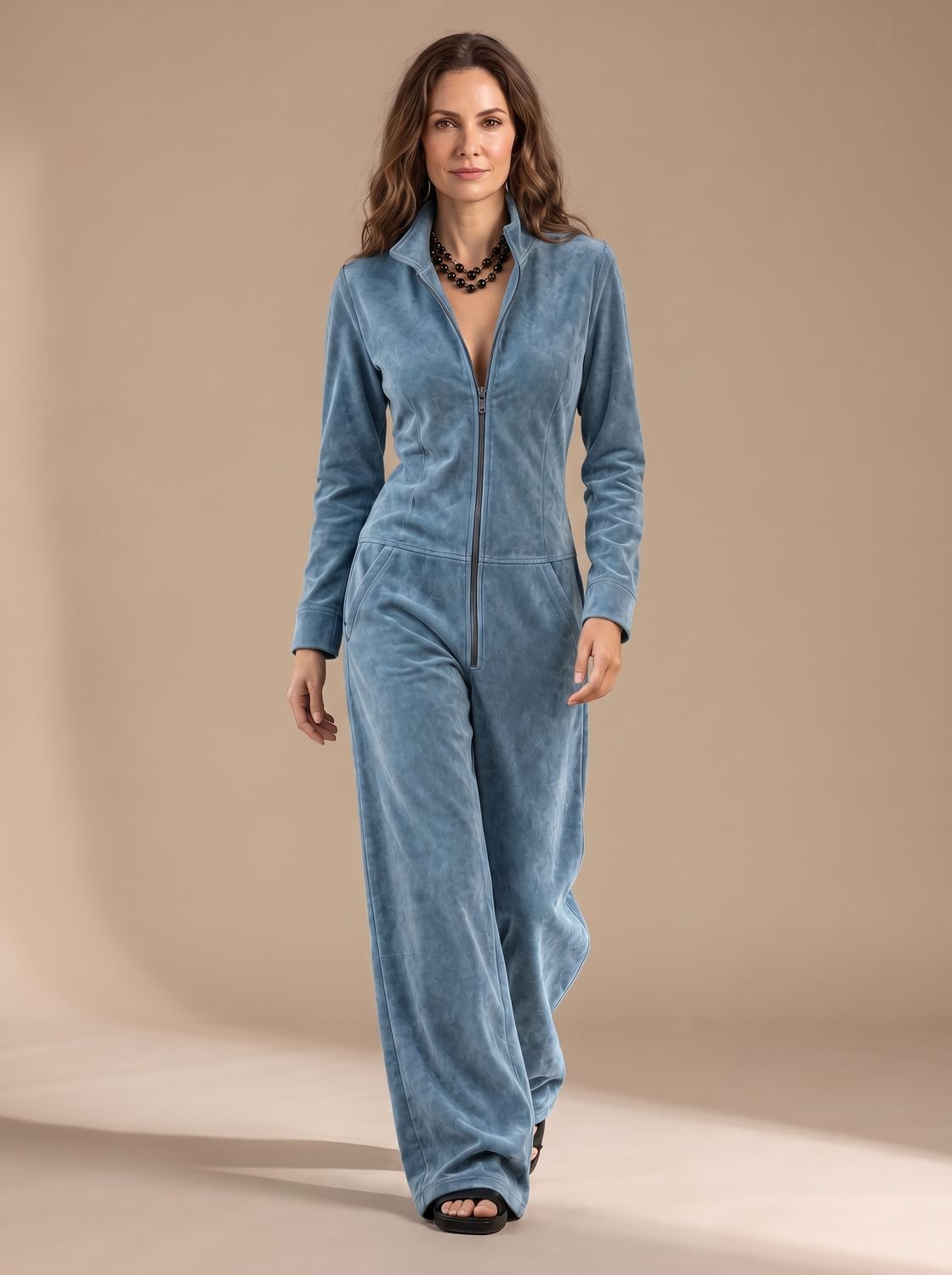 Women's Wide-Leg Velour Zip-Front Long-Sleeve Jumpsuit - Peacock Blue