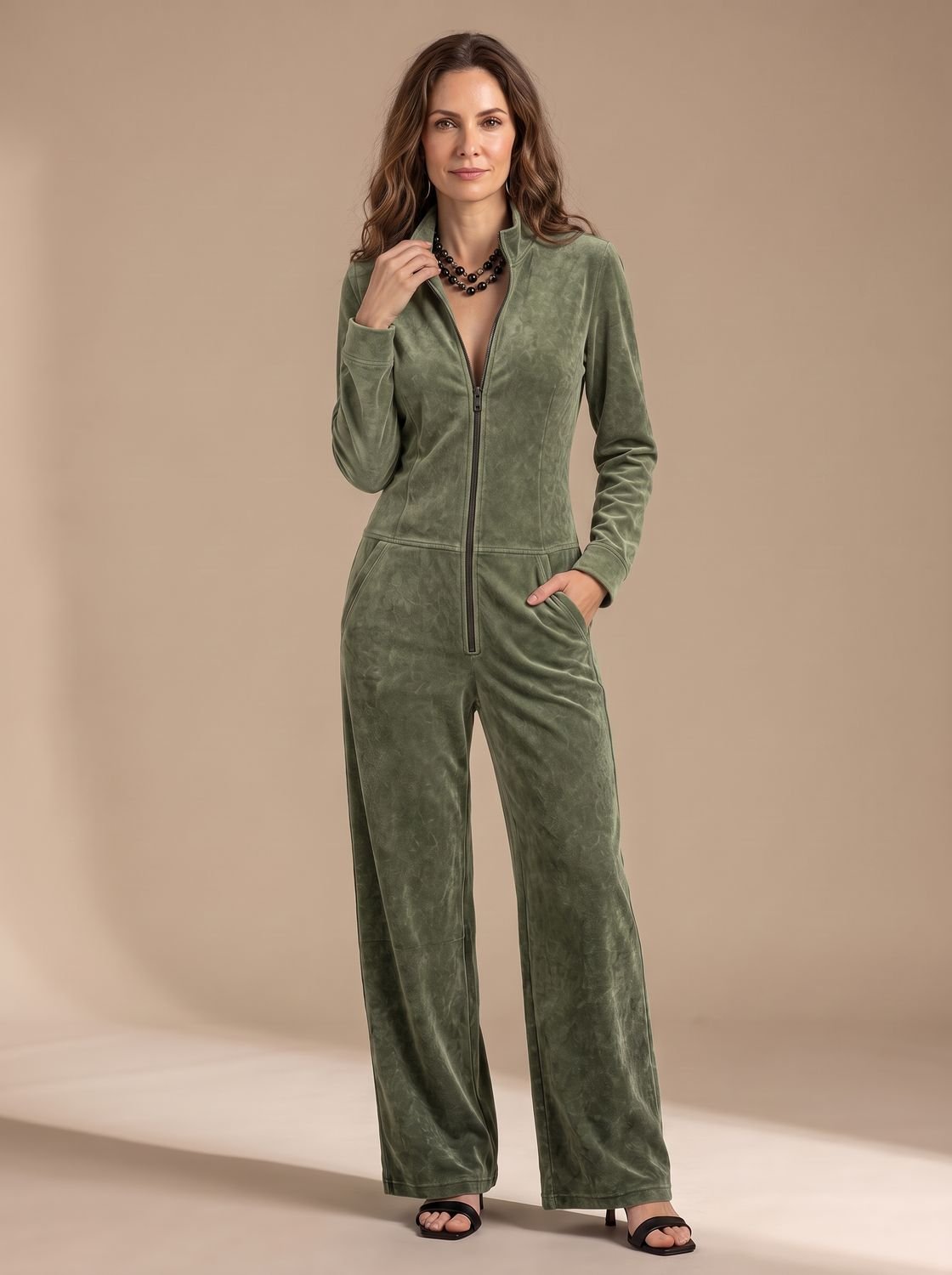Women's Wide-Leg Velour Zip-Front Long-Sleeve Jumpsuit - Green