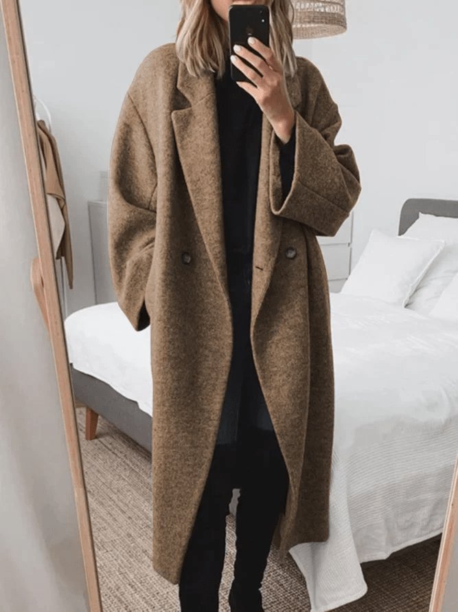 Women's Wool Long Coat Double Breasted Oversized Winter - Brown