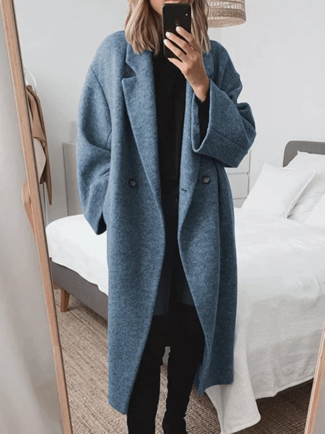 Women's Wool Long Coat Double Breasted Oversized Winter - Blue