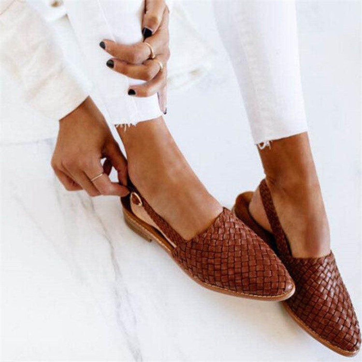 Women's Woven Leather Slingback Comfort Sandals Flat
