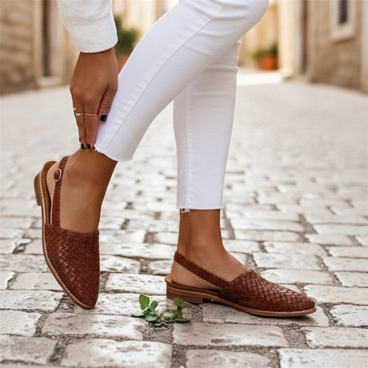 Women's Woven Leather Slingback Comfort Sandals Flat