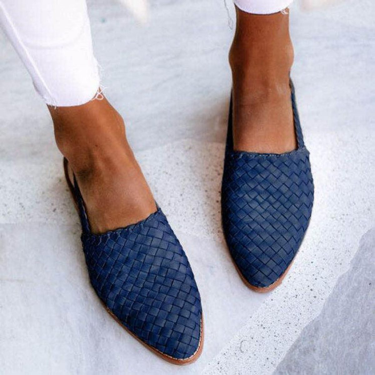 Women's Woven Leather Slingback Comfort Sandals Flat - Navy