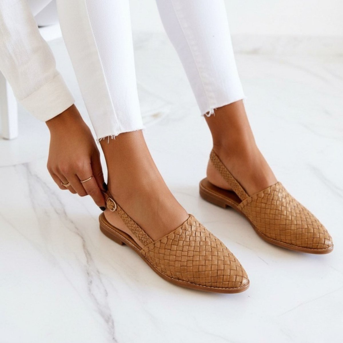 Women's Woven Leather Slingback Comfort Sandals Flat - Light Brown