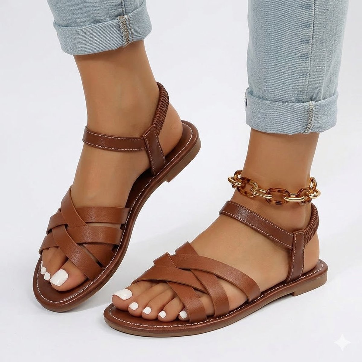 Women's Woven Strap Flat Comfort Sandals Cushioned Orthopedic Support - Brown