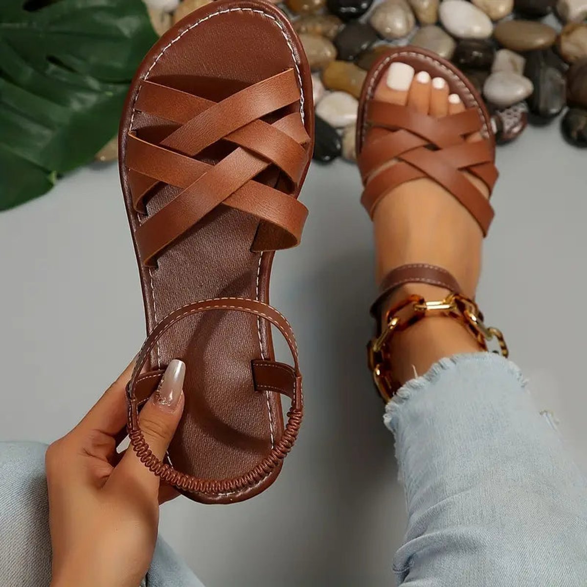 Women's Woven Strap Flat Comfort Sandals Cushioned Orthopedic Support