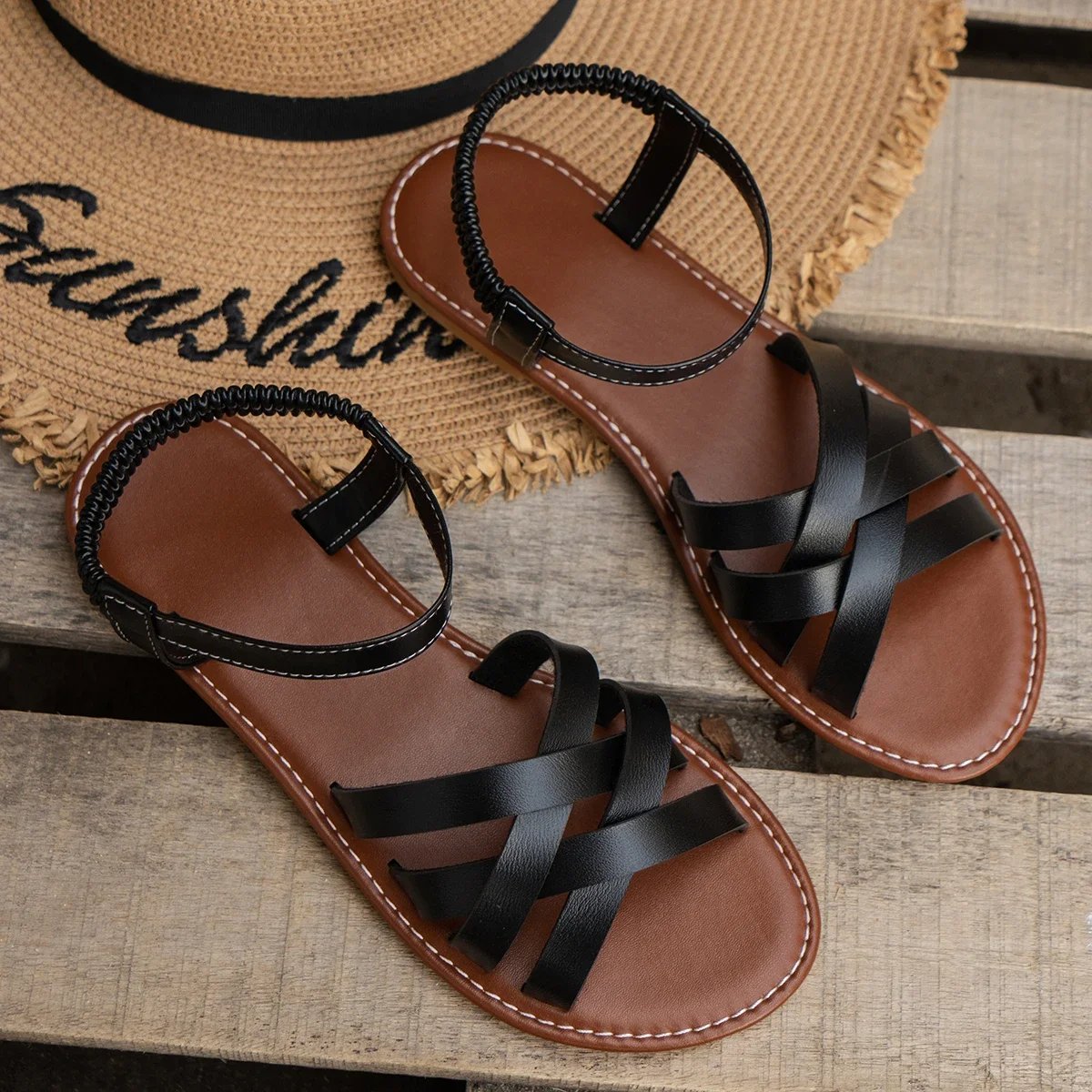 Women's Woven Strap Flat Comfort Sandals Cushioned Orthopedic Support - Black