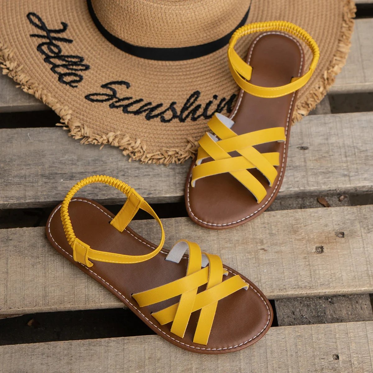 Women's Woven Strap Flat Comfort Sandals Cushioned Orthopedic Support - Yellow